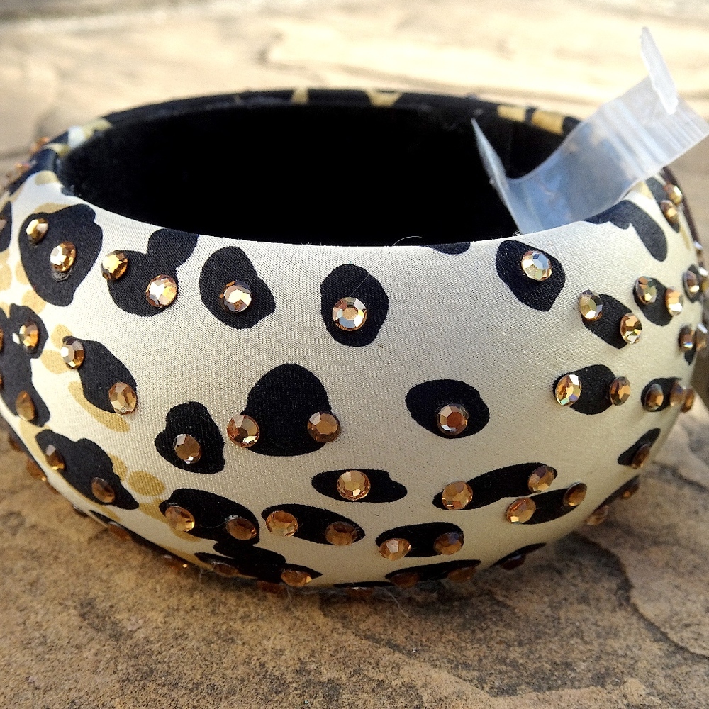 Big Vintage Caché Cheetah Fabric Swarovski Crystal Bangle Bracelet
